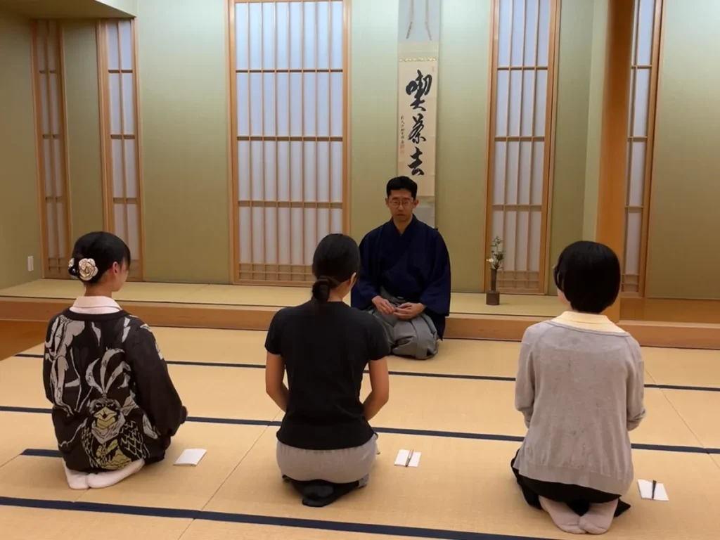 喫茶去で、床の前に座り講師の説明を聞く参加者